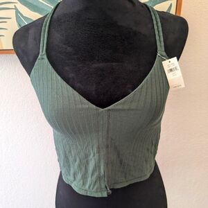 Aerie NWT green Split front ribbed lace back cropped tank size Small